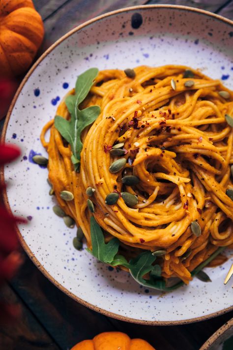 Date Night Pumpkin Pasta | Well and Full Autumn Date Night, Vegan Autumn, Vegan Risotto, Whole Wheat Spaghetti, Lentil Dishes, Pumpkin Sauce, Pumpkin Pasta, Date Night Recipes, Recipe Cover