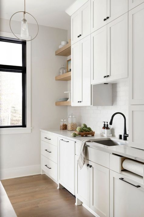 Iteri Modern House Reveal | Bria Hammel Interiors White Cabinets Black Hardware, Bria Hammel Interiors, Bria Hammel, White Pantry, White Shaker Kitchen, Exposed Brick Walls, Butler Pantry, White Cabinetry, Kitchen Hardware