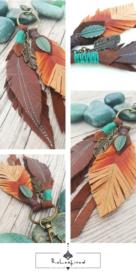 This Recycled, Handmade and One of a kind Leather feather keyring gives a Southwestern touch to your outfit. Can be used as purse charm, bag charm, belt clip, zip puller or keychain. This Boho purse charm is a perfect bohemian accessory gift to add a Hippie, gypsy, native american, western flair to your sustainable wardrobe. #bohemian #bohoaccessories #leatherfeather Diy Leather Feather Earrings, Leather Flower Tutorial, Charm Belt, Boho Bag Charm, Purse Charms Diy, Feather Keychain, Boho Chic Accessories, Leather Working Patterns, Jewelry Making Business