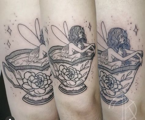 Fairy In A Teacup Tattoo, Witchy Tea Cup Tattoo, Mushroom Teacup Tattoo, Tea Party Tattoo, Tea Cup Tattoo, Rain Tattoo, Tea Tattoo, Teacup Tattoo, 2024 Tattoo