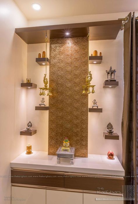 Pooja room designs classic style corridor, hallway and stairs by the karighars classic | homify Pooja Mandapam Designs, Pooja Room Designs, Mandir Ideas, Temple Room, Pooja Door Design, Miraculous Ideas, Temple Design For Home, Pooja Room Door Design, Pooja Room Design