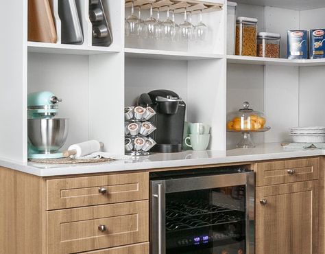 Bonafide Barista: Transforming Pantry Space into a Built-In Coffee Bar Laundry Room With Coffee Bar, Pantry Coffee Bar, Built In Coffee Bar, Pantry Space, Coffee Bars, Make Coffee, Office Bar, Custom Closets, Milk Bottle