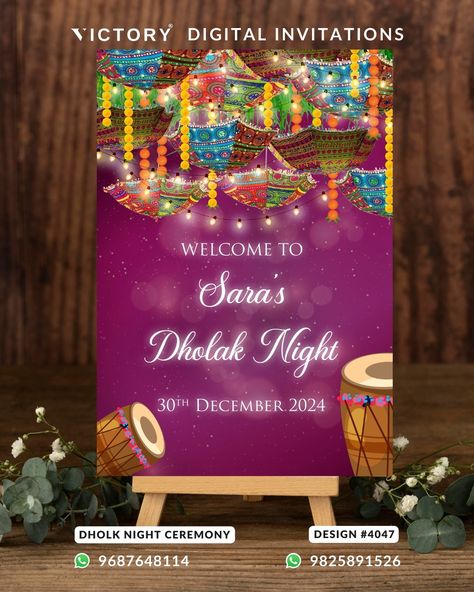 Order Now: Call / WhatsApp: +91 9687648114 / +91 9825891526 Dholki digital invitation standee card with traditional floral theme Dholak invite | Pakistani Dholak night | Instant download E-Invite - 4046 The glittery Theme of Pakistani Dholki invite Digital digital invitation card in purple background color. This Muslim Dholak Night e-invite standee card is available in English language. It includes elements such as dholak, traditional umbrellas, marigold garland and string lights. #dholki... Dholki Invitation Cards, Marigold Garland, Digital Invitation Card, E Invite, Ceremony Design, Purple Background, Floral Theme, Digital Invitation, Purple Backgrounds