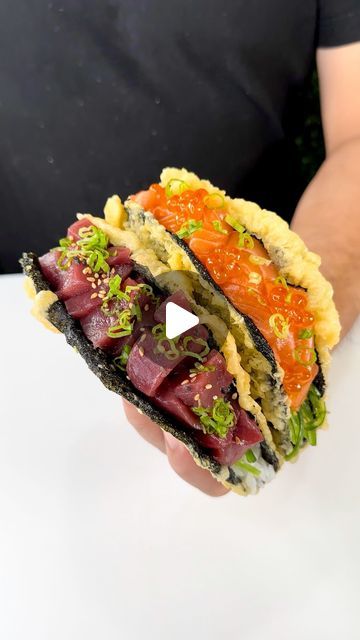 WΛVE 波 Asian Bistro & Sushi on Instagram: "SUSHI TACOS⁉️🍣🌮 Are SUSHI TACOS even SUSHI?! 🍣🤔 Someone in our comment section told us to stop calling our creations “sushi” but if these weren’t SUSHI TACOS then what would you call them?! Technically they DO contain sushi rice, and it’s a playful take on a hard shell taco 😋 either way we call it delicious. Pair them with any of our house-made sauces for a match made in Sushi Heaven 🍣🌮✨ Which one are you reaching for first?!" Sushi Tacos Recipe, Sushi Stacks, Sushi Taco, Hard Shell Tacos, Sushi Bake, Asian Bistro, Bake Recipes, Sushi Rice, Taco Recipes