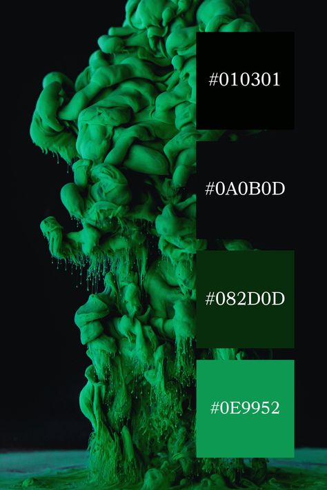 An abstract formation of green fluid against a black background. The striking contrast between the vibrant green and deep black color palette  creates a dynamic and intriguing visual effect. Kelly Green Color Palette, Green And Black Color Palette, Green Color Palette, Black Color Palette, Green Colour Palette, Color Harmony, Gothic Wedding, Color Palette Generator, Vibrant Green