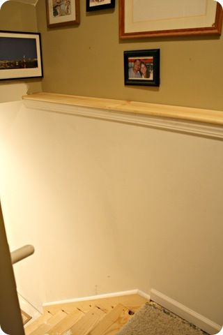 An update on the basement Stair Ledge Decor, Staircase Frames, Basement Stair, Basement Stairwell, Ledge Decor, Wall Ledge, Drywall Installation, Basement Living, Basement Laundry Room