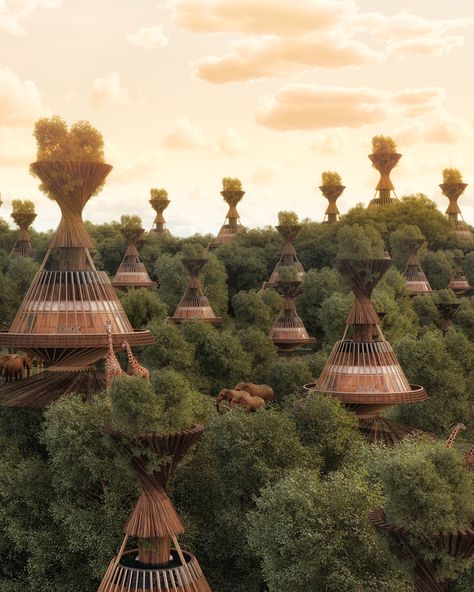 Gallery of A Luxury Safari Resort in Africa and an Eco-Lodge in Rural Greece: 8 Unbuilt Resorts Submitted by the ArchDaily Community - 27 African Resort, Safari Resort, African Hut, Afro Futurism, Water Technology, Architecture Cool, Water From Air, Eco Lodges, Bamboo Architecture