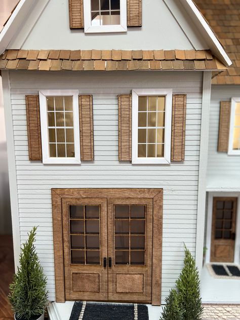 "Dollhouse Miniatures wooden shutters. This is a laser cut wood shutter set. Each shutter measures 4.75\" tall and 1\" wide. This can be stained in a warm brown special walnut stain or it can be unfinished. Please select which finish you need. If you need a specific size, please message me." Dollhouse Shutters, Dollhouse Outside, Dollhouse Exterior Ideas, Victorian Dollhouse Interior, Dollhouse Exterior, Dollhouse Cottage, Farmhouse Dollhouse, Dollhouse Windows, Big Doll House