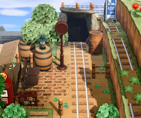 Animal Crossing Railroad Design, Animal Crossing Train Code, Acnh Abandoned Train Station, Railroad Animal Crossing, Acnh Train Station Ideas, Acnh Train Station Entrance, Acnh Subway Station, Train Animal Crossing, Acnh Train Code