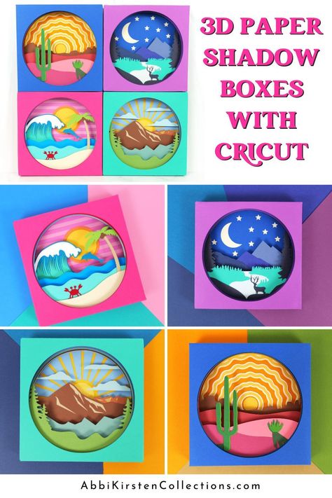 How to make 3D layered shadow boxes with your Cricut machine made from cardstock paper. Download 4 landscape scenes on Abbi Kirsten Collections. Shadow Box Svg, Cricut Expression, 3d Shadow Box, Cute Easter Bunny, Club Card, 3d Paper Crafts, Scene Design, Cricut Free, Cricut Machine