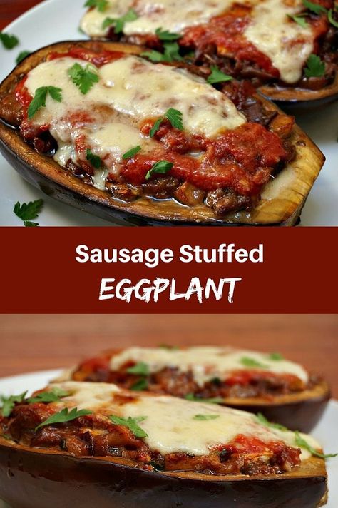 Sausage Stuffed Eggplant - An easy Italian dish with fresh eggplant in a tomato sauce with sausage and mozzarella cheese. Click to get the step-by-step instructions to make this easy recipe. @venturists Provolone Cheese Recipes, Recipe Eggplant, Stuffed Eggplant, Easy Italian, Provolone Cheese, Eggplant Recipes, Cheese Recipe, Provolone, Italian Dishes