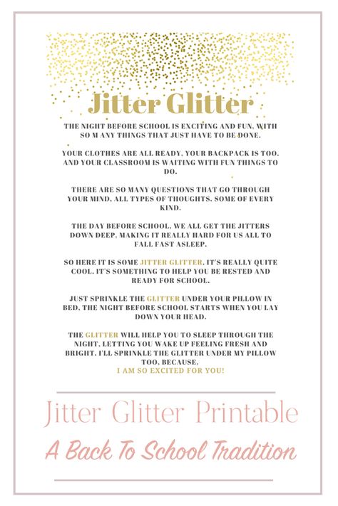 Jitter Glitter Poem Printable, Jitter Glitter Kindergarten, School Traditions To Start, Jitter Glitter Poem, Jitter Glitter, School Traditions, Poems About School, Night Before School, First Day Jitters