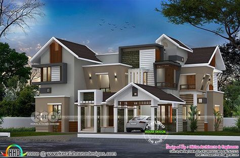 4200 square feet 5 bedroom sloping roof home design Roof Home Design, House Elevations, Terrace Roof, Sloping Roof, Kerala Home, Flat Roof House, 2 Storey House Design, Modern Small House Design, Classic House Design