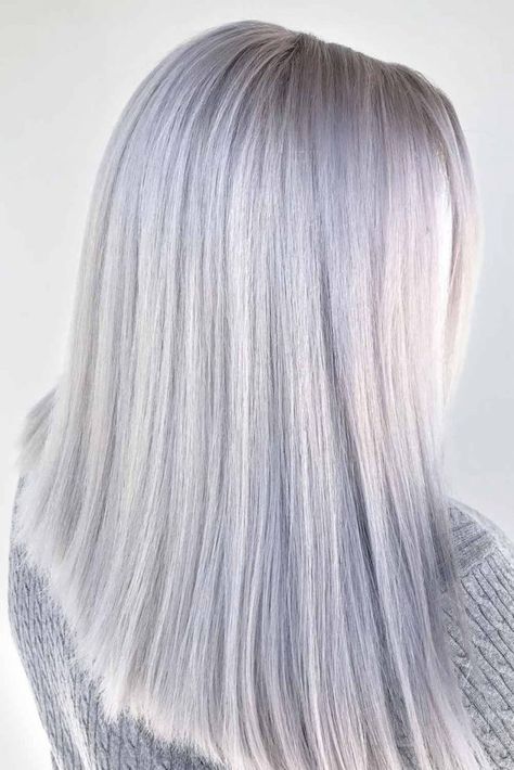 Trendy Winter Hair Colors 2023-2024 ★ Platinum Silver Hair Highlights, Platinum Grey Hair, Icy Silver Hair, Metallic Silver Hair, White Gray Hair, White Silver Hair, Natural Silver Hair, Gray Hair Dye, Silver Gray Hair