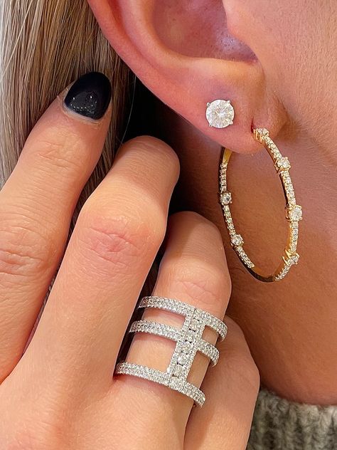 Diamond Hoop earrings and ring Diamond Jewelry Store, Right Hand Ring, Right Hand Rings, Hand Ring, White Gold Diamond Rings, Gold Diamond Ring, Diamond Hoop Earrings, Earrings Studs, Fine Jewels