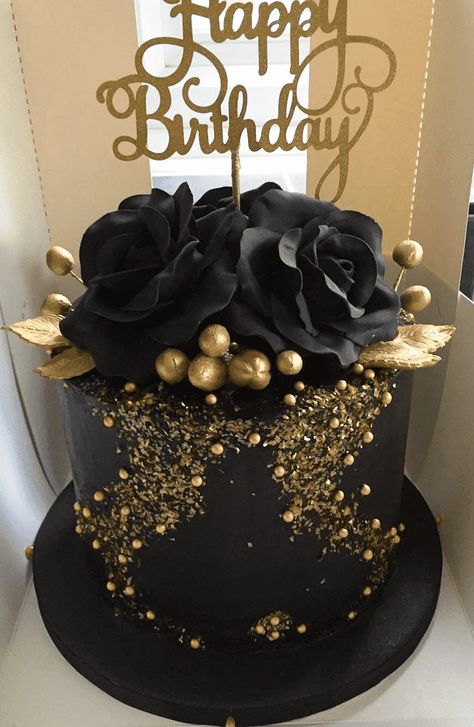 Black And Gold 18th Birthday Cake, Black And Gold Birthday Cakes, Black 18th Birthday Cake, Black And Gold Cake Birthday For Women, Cake Designs Black And Gold, Black And Rose Gold Cake, Birthday Cake Black And Gold, Black Rose Cake, 35th Birthday Cake