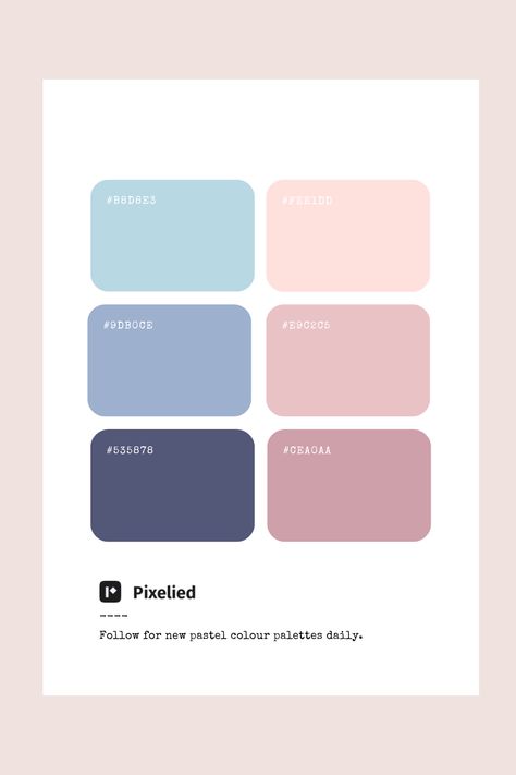 This soft pastel color palette features a blend of gentle blues, pale pinks, and muted purples. These soothing shades evoke a sense of tranquility and elegance, ideal for creating serene and delicate designs in illustration, branding, typography, and web UI. Elegant Pastel Color Palette, Soft Pastel Color Palette, Pastel Color Palette Soft, Web Design Color Palette, Muted Pastel Color Palette, Pastel Pink Color Palette, Pink And Blue Color Palette, Pastel Color Combinations, Soothing Color Palette