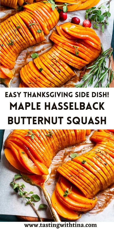 With tender roasted squash and a cinnamon maple glaze, this Maple Hasselback Butternut Squash is a great savory and sweet side dish. This one is perfect for Thanksgiving or Christmas! Plus, it's pretty easy. Hasselback Butternut Squash, Butternut Squash Side Dish, Butternut Squash Recipes Roasted, Baked Butternut Squash, Thanksgiving Side Dishes Easy, Savory Recipe, Thanksgiving Side Dish, Butternut Squash Recipes, Side Dishes Recipes