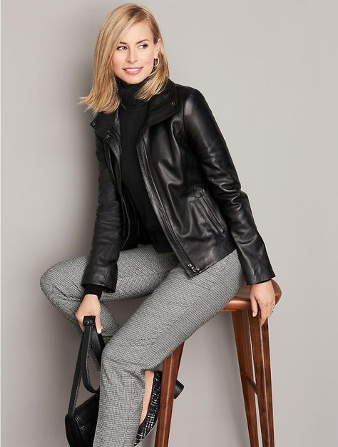 Niki Taylor, Talbots october 2016 Jackets For Winter, Talbots Outfits, Collarless Leather Jacket, How To Wear Flannels, Ladies Jackets, Jacket Outfit Women, Casual Leather Jacket, Leather Jacket Outfits, Professional Wardrobe