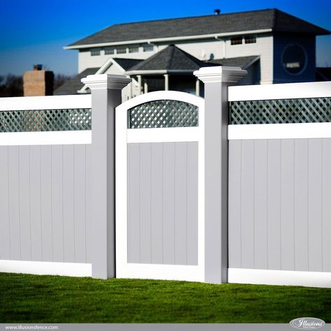 Incredible Gray, White, PVC Vinyl Fence Panels with Green Lattice, an Arched Accent Gate, and Majestic 8 Inch by 8 Inch Posts from @illusionsfence. The biggest PVC vinyl fence and deck railing posts on the market. #landscapingideas #homeideas #fenceideas #backyardideas #homedecor Fence Gate Ideas, White Garden Fence, Lattice Garden, Vinyl Gates, Vinyl Fence Panels, Vinyl Fencing, Pvc Fence, Fence Installation, Gate Ideas