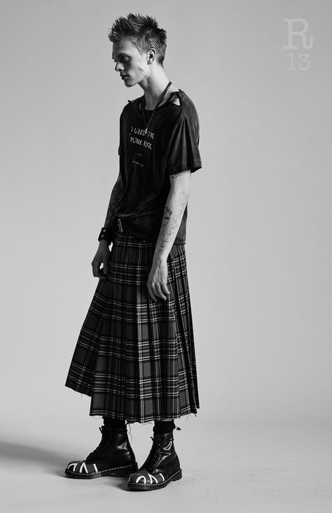 R13 F/W 16 Men #R13 #FW16 #menswear Mens Fashion Skirts, Men Wearing Skirts Outfits, Men In Skirts Punk, Mens Fashion Alternative, Boots Aesthetic Men, Cool Male Outfit, Men Skirt Outfits, Male Clothing Ideas, Men In Skirts Fashion