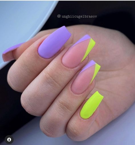 Purple And Yellow Nails, Wednesday Nails, Neon Acrylic Nails, French Acrylic Nails, Ballerina Nails, Acrylic Nails Coffin Short, Rainbow Nails, Neon Nails, Yellow Nails