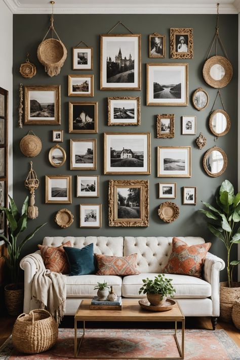 21 Bohemian Living Room Ideas – The Dear Lab Boho Gallery Wall Family Photos, Gallery Wall With Baskets And Art, Boho Family Photo Wall, Boho Living Room Picture Wall, Photowall Ideas Bedroom Aesthetic, Boho Picture Frames On The Wall, Boho Family Picture Wall, Rustic Gallery Wall Living Room, Wall Arrangement Ideas Living Rooms