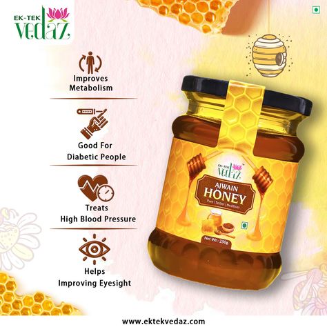 Ajwain honey is a combination of ajwain seeds and honey, which may offer several potential health benefits. Ajwain is known for its digestive benefits, anti-inflammatory properties, and antiviral properties. And with our sweet deal, you can enjoy even more of it. . Shop Now - https://bit.ly/3pleLTw Or WhatsApp us at 7508500098 . . #ajwainhoney #naturalremedies #healthylifestyle #skincare #selfcare #ektekvedaz #honey #turmeric #himlayanhoney #tulsi #herbs #ayurvedafood #raw #natural Benefits Creative Ads, Honey And Turmeric Benefits, Honey Packing Design, Honey Creative Ads, Honey Poster Design, Honey Turmeric, Honey Label Design, Benefits Of Honey, Smoothie Flavors