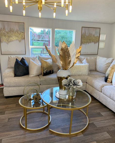 Brown Gold White Living Room, Grey Gold And Brown Living Room, Living Room Inspo Cream Couch, Tan And Gold Living Room, Cream And Gold Living Room Ideas, Brown And Gold Living Room Ideas, Marble And Gold Living Room, Cream Couch Decor, Cream Furniture Living Room