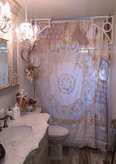 I made the shower curtain out of vintage lace and crocheted pieces. Shabby Chic Shower, Shabby Chic Shower Curtain, Muebles Shabby Chic, Shabby Chic Living, Shabby Chic Room, Shabby Chic Living Room, Style Shabby Chic, Shabby Chic Interiors, Shabby Chic Bathroom