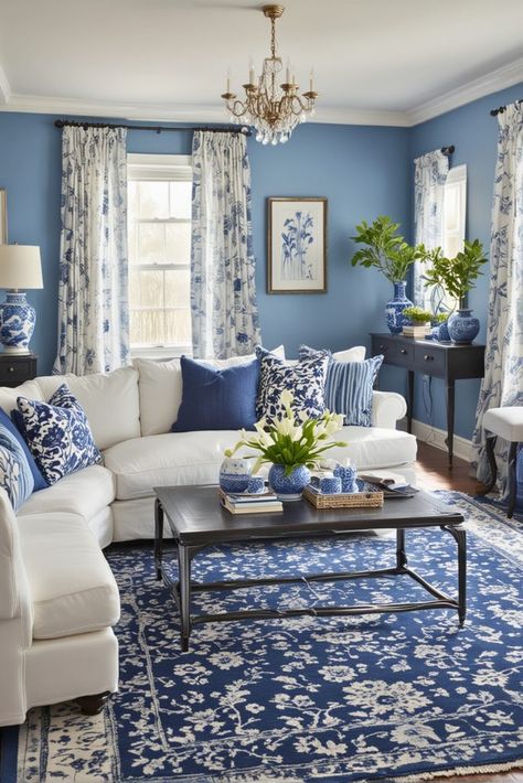 20 Blue and White Living Room Ideas – The Crafty Hacks Blue Living Room Cottage, Blue Wall Living Room Decor, Blue Vintage Living Room, Blue And Cream Living Room Ideas, Living Room With Navy Accents, Blue Living Room Designs, Royal Blue Living Room, Blue Family Room, Coastal Living Rooms Ideas