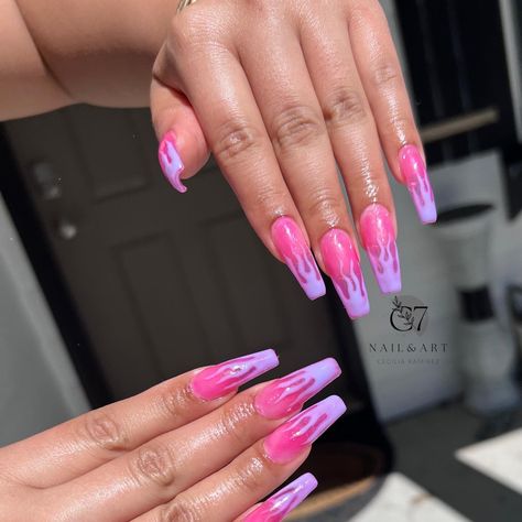 #summervibes #pinknails #purplenails #flamenails #💜💗💜💗💜💗 Pink And Purple Flame Nails, Hot Pink And Purple Nails, Purple Flame Nails, Future Nails, Flame Nails, Purple Flame, High Fashion Makeup, Punk Nails, Orange Nails