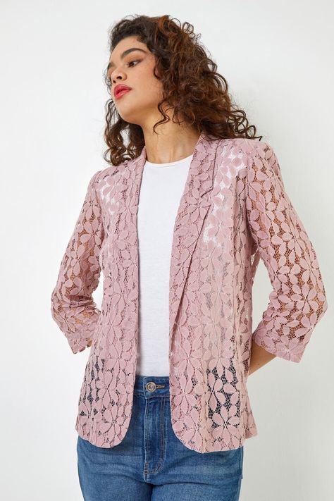 Lace Jackets For Women, Lace Jacket Outfit, Jacket Design Ideas, Peruvian Dress, Smart Casual Looks, Net Jacket, Lace Blazer Jacket, Cotton Jackets Women, Lace Blazer