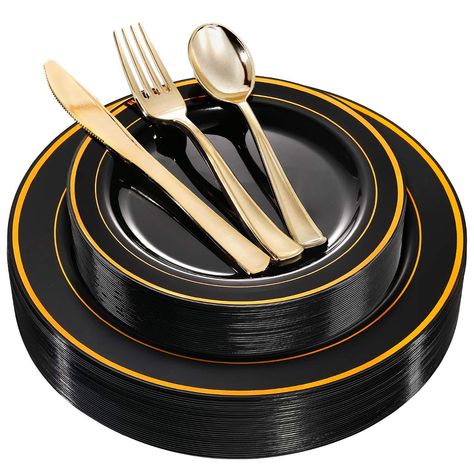 Black Plastic Plates, Gold Plastic Silverware, Gold Plastic Plates, Plastic Dinnerware Sets, Gold Plates, Disposable Plastic Plates, Disposable Cutlery, Plastic Silverware, Gold Cutlery