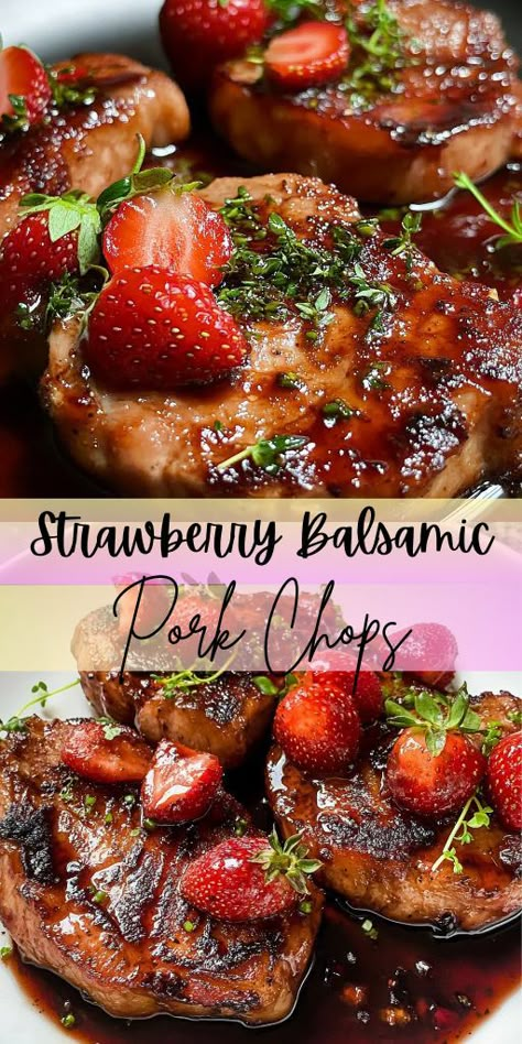 These Strawberry Balsamic Pork Chops bring together sweet and savory in a way that will blow your mind! The strawberry balsamic glaze adds a unique touch of sweetness and tang to perfectly grilled pork chops, creating an unforgettable flavor combination. 🥂 Perfect for grilling season, these pork chops with strawberry glaze are sure to impress at your next BBQ or dinner party. #PorkChops #StrawberryBalsamic #BBQRecipes #GrilledPork #StrawberryGlaze #SavoryAndSweet #SummerDinners #PorkRecipes Pork Chops Juicy, Balsamic Pork Chops, New Recipes For Dinner, Balsamic Pork, Glazed Pork Chops, Strawberry Balsamic, Juicy Pork Chops, Strawberry Glaze, Pork Loin Recipes