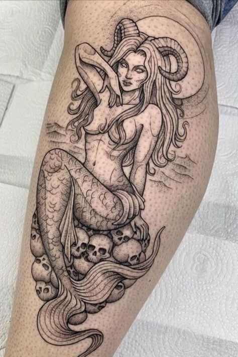 Top 26 Succubus Tattoo Ideas To Unleash The Seductive Power Mermaid Tattoo Leg Sleeve, Mermaid With Horns Tattoo, Mermaid And Skull Tattoo, Taurus Mermaid Tattoo, Mermaid Shin Tattoo, Gothic Siren Tattoo, Silhouette Tattoos Men, Medusa Mermaid Tattoo, Realistic Mermaid Tattoo