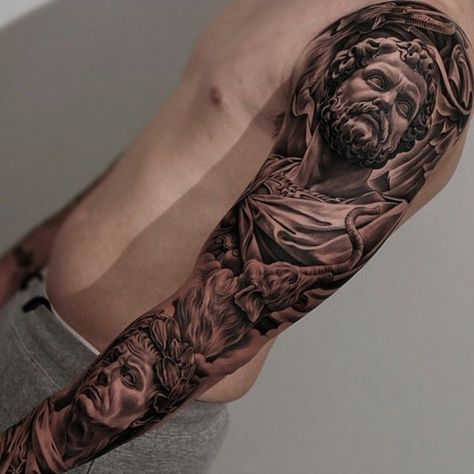 Amazing artist Jun Cha  Italian Roman tattoo sleeve. Jun Cha Tattoo, Roman Tattoo, Italian Tattoos, Zeus Tattoo, Hyper Realistic Tattoo, G Tattoo, Statue Tattoo, Greek Mythology Tattoos, God Tattoos