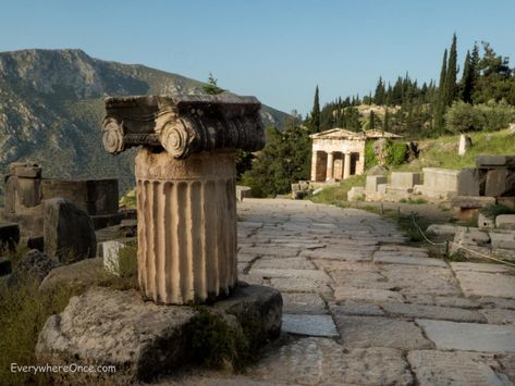 Treasury of the Athenians, Delphi, Greece Ruins Symbols, Ruins Illustration, Ruins Drawing, Greece Road Trip, Ruins Aesthetic, Fantasy Ruins, Ruins Photography, Delphi Greece, Classical Studies