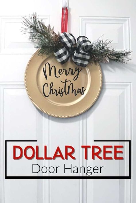 Make this Christmas door hanger with Dollar Tree supplies. An easy to make Christmas wreath for your front porch. Full video tutorial. #christmas #diyhomedecor #dollartree #wreath #craft Dollar Tree Door Hanger, Make Christmas Wreath, Tree Door Hanger, A Simple Christmas, Diy Christmas Door, Christmas Door Decor, Tree Door, Traditional Wreath, Dollar Tree Christmas