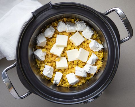 Overhead Image of Raw Ingredients for Crockpot Cheesy Corn Cream Corn Crockpot, Crockpot Creamed Corn, Cheese Fudge, Scalloped Potatoes Crockpot, Elvis Presley Cake, Crock Pot Corn, Slow Cooker Creamed Corn, Cream Cheese Corn, Corn Side Dish