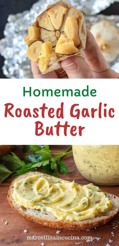 Enjoy the magical transformation of garlic with our exceptional Roasted Garlic Compound Butter recipe. Unlike ordinary recipes, our meticulously crafted blend tantalizes your palate with a harmonious balance of rich, nutty roasted garlic and velvety, creamy butter. #RoastedGarlicButter #FlavorfulDelights #CookingFromScratch #HomemadeGoodness #GourmetButter #GarlicLovers #KitchenCreations #ButterEnhancement #FoodieFaves #SavorySpreads #HomeCooking Roasted Garlic Butter Recipe, Garlic Compound Butter, Easy Roasted Garlic, Garlic Butter Recipe, Roasted Garlic Butter, Roasted Garlic Recipe, Flavored Butter Recipes, Compound Butter Recipe, Herb Butter Recipe