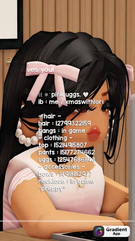 Bloxburg Outfits, Blocksburg Outfit Codes￼, Code Clothing, Roblox Character, Code Clothes, Pink Uggs, Decal Codes, Black Hair Roblox, Baddie Outfits Ideas