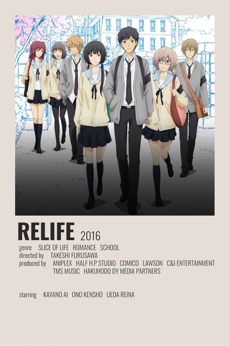 #animeposter #relife Love Simon Movie, Relife Anime, Minimalist Film Posters, Anime Watch List, Poster Polaroid, Anime Recs, Minimalist Anime, Anime Minimalist Poster, Posters Anime