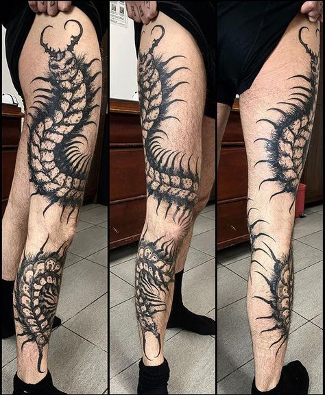 Centepide Tattoo Leg, Giant Centipede Tattoo, Cenipeed Tattoo, Knee Sleeve Tattoo, Centipede Leg Tattoo, Execution Tattoo, Centipede Tattoos, Centipede Tattoo Design, Giant Tattoo