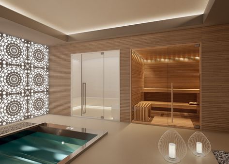 Built In Sauna, Wellness Room At Home, Sauna And Steam Room, Jacuzzi Room, Home Spa Room, Indoor Jacuzzi, Luxury Tub, Wellness Room, Indoor Outdoor Bathroom