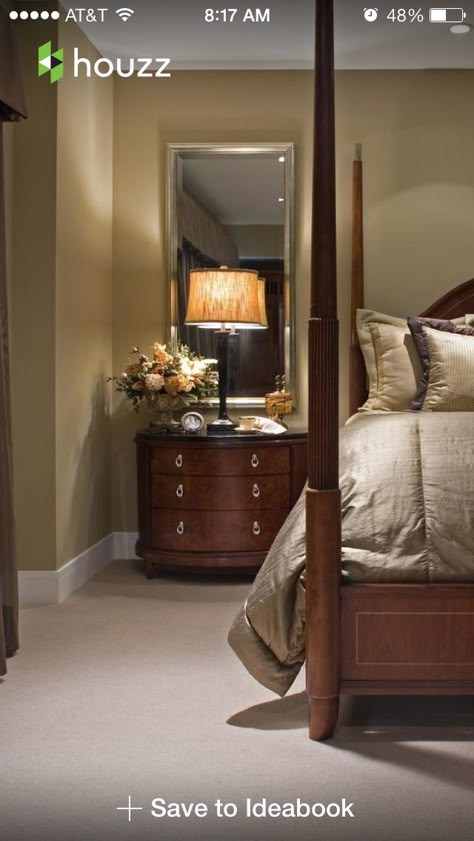 Tall mirror over nightstand opens up the room Mirrors Behind Bedside Tables, Mirrors Behind Nightstand, Mirrors Behind Nightstand Ideas, Mirror Behind Nightstand, Interior Art Deco, Traditional Bedroom Design, Nightstand Ideas, Traditional Design Living Room, Bedroom Traditional