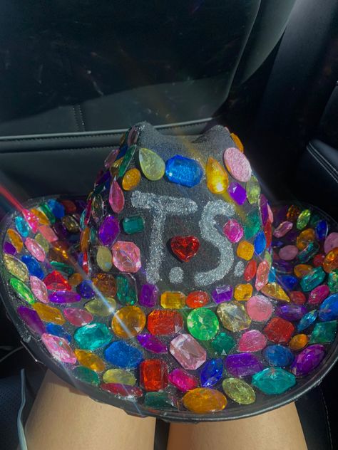 Bedazzled Cowboy Hat Taylor Swift, Eras Tour Cowboy Hat, Cowboy Hat Eras Tour, Cowboy Hat Taylor Swift, Taylor Swift Cowboy Hat, Concert Cowboy Hat, Cowboy Hat Decorations Ideas, Bedazzling Ideas, Taylor Swift Shoes