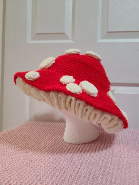 Customized crochet mushroom hat, made with love. Message me if you want different colours! Mushroom Hats Crochet, Mushroom Hat For Sale, Crocheted Mushroom Hat, Mushroom Sweater Crochet, Mushroom Cap Hat, Crochet Fun Hat, Crochet Ideas Hat, Crochet Mushroom Hat Free Pattern, Mushroom Aesthetic Outfit