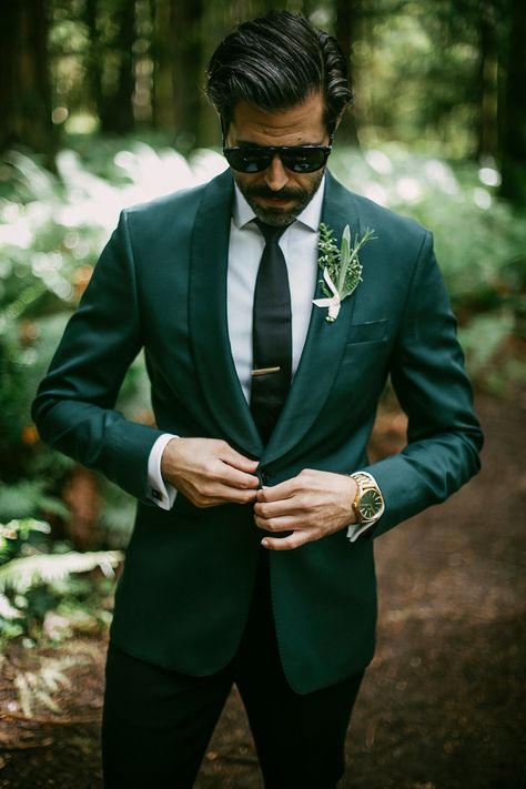 Lake Crescent Lodge wedding in Olympic National Park. Men Green Suit, Green Tux, Green Suit Men, Costume Vert, Green Wedding Suit, Dark Green Wedding, Mens Wedding Suits, Green Tuxedo, Wedding Tux