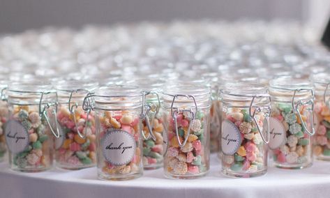 Gummy Candy Favors in Glass Jars Mason Jar Party Favor, Mason Jar Candy, Jars Ideas, Wedding Favour Jars, Candy Wedding, Favour Jars, Candy Wedding Favors, Destination Wedding Photos, Candy Favors